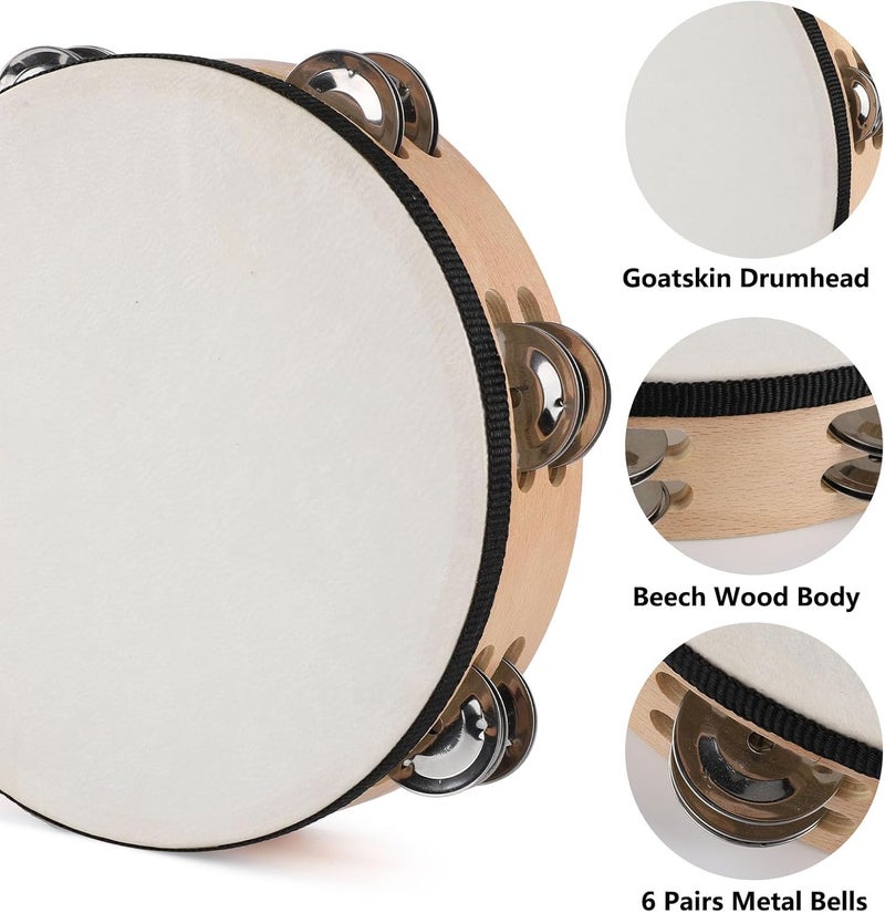LIEKE Goatskin Tambourine for Adult kids 8 Inch Hand Held Drum with 6 Pairs Double Row Metal Jingles for Church Music Classroom Dance Party Game Props (8 inch) - Image 2